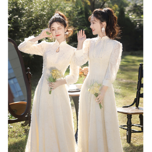 中式伴娘服2024新款夏季香槟色高级感姐妹团礼服裙女平时可穿长袖