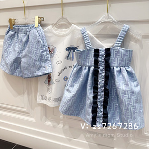 24夏季新款Fjia飞船超人印花短袖满印字母蓝色短裤背带连衣裙女童