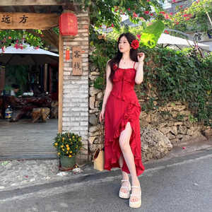 2024春季新款气质时尚潮流法式红色开衩长裙修身简约超仙吊带裙女