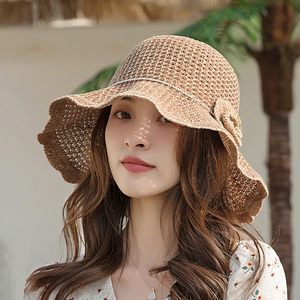 韩版夏天波浪边花朵镂空透气遮阳渔夫帽子女春秋沙滩可折叠太阳帽