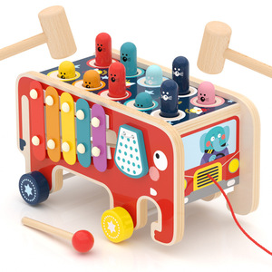 儿童多功能益智早教木制玩具大象拖拉敲琴打地鼠敲击台积木玩具车