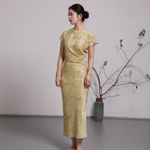 新中式国风提花不规则设计订婚答谢宴生日轻礼服修身显瘦长连衣裙