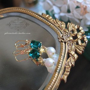 Gloria Studio 旧时光美人 古董祖母绿莱茵石天然珍珠vintage耳环