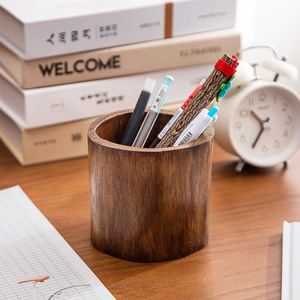 泰国柚木简约笔筒实木桌面收纳笔架创意复古办公摆件大容量插笔筒