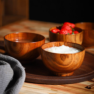 日式木碗家用儿童米饭碗宝宝碗复古木质餐具小饭碗汤碗木头碗套装
