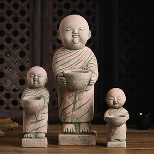 泰国沙雕工艺品客厅桌面小沙弥禅意摆件供桌佛龛装饰品小和尚烛台