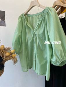 MUYANG 韩国 系带五分灯笼袖纯色套头衬衫女 夏季上衣彩色衬衣