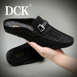 DCK半拖鞋男秋季男士印花豆豆鞋真皮懒人鞋一脚蹬无后跟包头皮鞋
