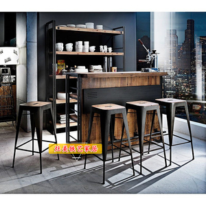 美式复古铁艺实木家用吧台桌 创意奶茶店服装店咖啡厅高脚收银台