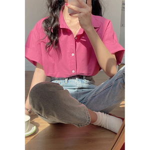 树莓粉色短袖衬衫女2024新款chic法式上衣设计感小众梅子色衬衣潮