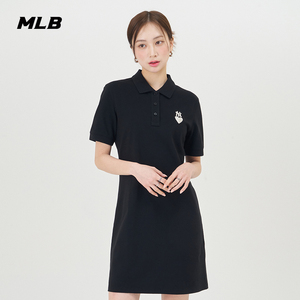 MLB女士黑色短袖连衣裙POLO衫2024夏季新款爱心刺绣运动裙子长裙