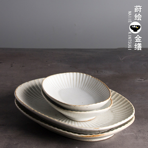 日式宝宝自主进食餐盘手工粗陶家用陶瓷网红盘子复古老式怀旧餐具