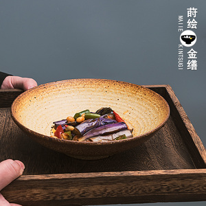 粗陶螺纹盘子日式创意餐具家用老式深盘菜盘汤盘复古手工做旧餐盘
