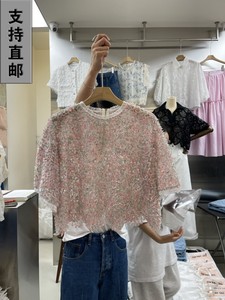 CORNER韩国东大门正品女装代购立体花朵宽松透明圆领短袖蕾丝衬衫