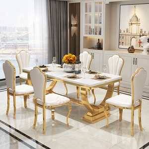 轻奢大理石餐桌椅组合欧式简约现代家用客厅不锈钢长方形餐台饭桌
