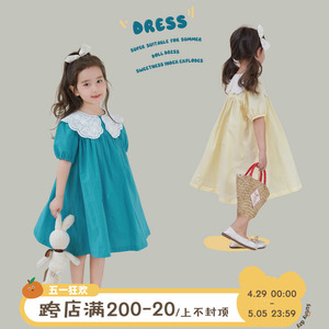女童娃娃领连衣裙2024夏季新款儿童泡泡袖长裙宝宝甜美洋气公主裙