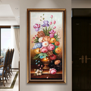 欧式现代玄关装饰画竖版纯手绘古典花卉油画客厅有框走廊过道挂画