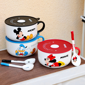 迪士尼童趣手柄泡面碗密封盖可爱餐具家用微波炉适用组合款陶瓷勺