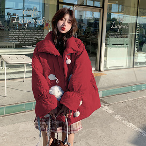 红色气质羽绒棉服女冬季2023新款韩系宽松减龄学院风加厚棉袄外套