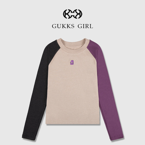 GUKKS拼色打底衫女紫灰色【小时代】圆领新款气质修身上衣长袖T恤