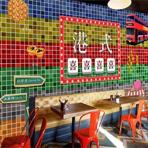 3D复古怀旧老香港冰室墙纸贴画港风装饰壁画港式茶餐厅背景墙壁纸