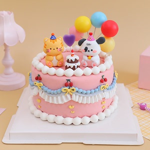 卡通派对帽小狗猫咪软胶立体玩偶儿童生日小动物蛋糕装饰摆件