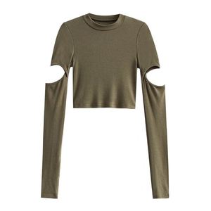 2024秋季气质套头长袖圆领螺纹坑条修身弹力短款镂空女式T恤