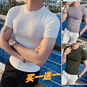 夏季薄款圆领短袖T恤韩版修身条纹冰丝打底衫体恤潮牌紧身男上衣