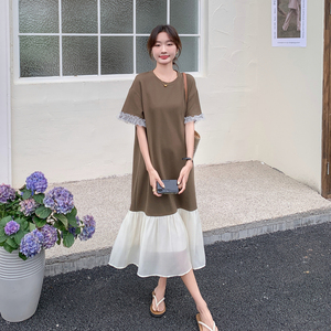 棕色拼接连衣裙女中长款2024夏新款韩版宽松显瘦小个子鱼尾t恤裙