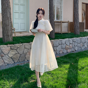 白色旗袍改良连衣裙女夏2024新款新中式国风显瘦小个子中长款裙子