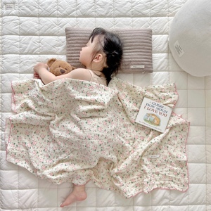ins韩国全棉双层纱毯子儿童a类午睡毯婴儿碎花盖毯软糯