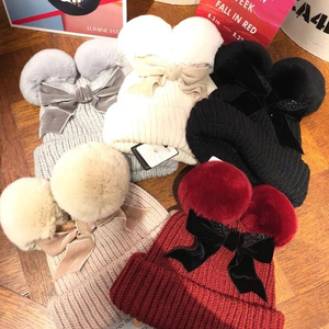 特价日本设计针织帽绒线帽大兔毛球蝴蝶结甜美保暖帽子女亲子