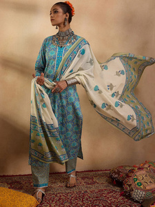 2024夏新款印度女装三件套V领纯棉长衫蓝色印花民族风修身显瘦