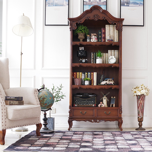 美式复古书柜实木欧式雕花客厅书架做旧陈列架置物架法式轻奢现代