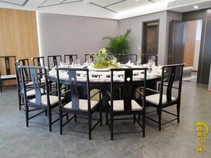 新中式酒店餐桌2.2米电动大圆桌会所民宿饭店包厢沙发16人餐桌椅
