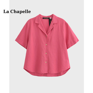 拉夏贝尔/La Chapelle女夏季麻混纺开领衬衫休闲简约纯色短袖衬衣
