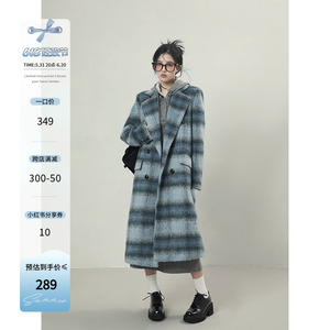 2toyoung条纹舞曲 蓝色格纹毛呢大衣女冬季中长款呢子上衣外套