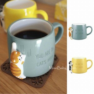 日本正版DECOLE 爬爬猫咪陶瓷杯马克杯勺 happy cat day 200毫升
