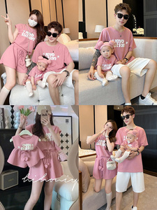 韩国童装亲子装夏季新款一家三四口粉色字母上衣母女洋气两件套装