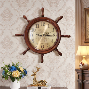 美式家用钟表实木静音创意客厅挂钟中式复古装饰时钟个性船舵壁钟
