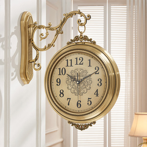 大号美式客厅静音挂钟家用双面钟表欧式黄铜色时钟创意石英两面钟