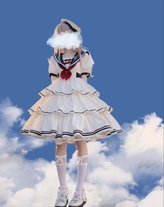 海军风三段式lolita白色刺绣连衣裙洛丽塔学院风可爱蓬蓬公主裙