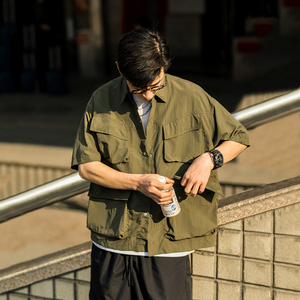 Massleep日系原创短袖工装衬衫男夏季纯色宽松大码多口袋半袖衬衣