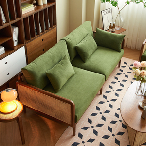 法式复古实木藤编沙发直排双三人客厅家用简约现代布艺沙发小户型