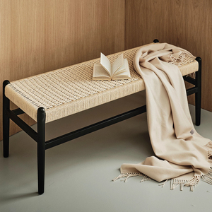 复古实木床尾凳卧室客厅设计师绳编餐凳沙发长条凳简约现代小户型