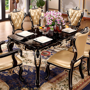 欧式餐桌全实木方桌木面黑金花大理石长桌餐桌椅组合餐厅方形饭桌