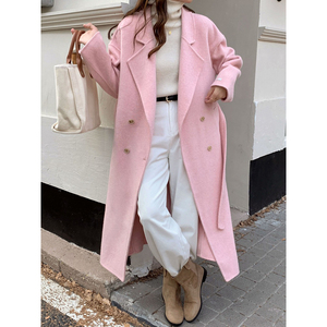 粉色阿尔巴卡羊驼绒大衣女长款秋冬高端双排扣系带显瘦羊毛呢外套