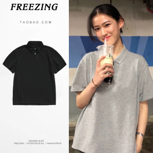 ulzzang2024新品纯色polo衫男女翻领T恤短袖bf宽松酷酷的衣服潮流