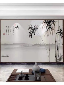 中式大气山水壁布定制新古典客厅电视背景墙布办公室壁纸风景竹子