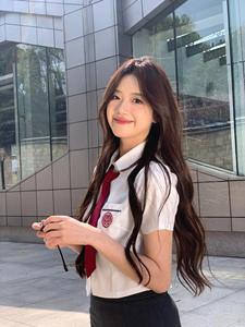 韩式校供感学院风衬衫夏季女生校服短袖修身衬衣jk制服包臀裙套装